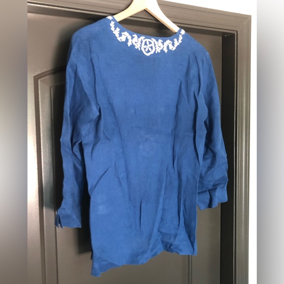 Lilly Pulitzer Amelia cobalt blue/royal blue & white 3/4 sleeve linen v neck top - Picture 4 of 9